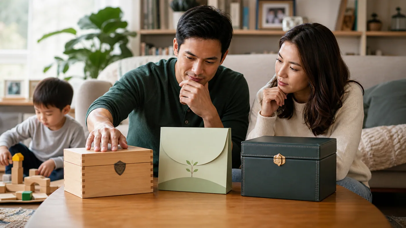 Parents comparing emergency savings, education growth and insurance priorities for their child