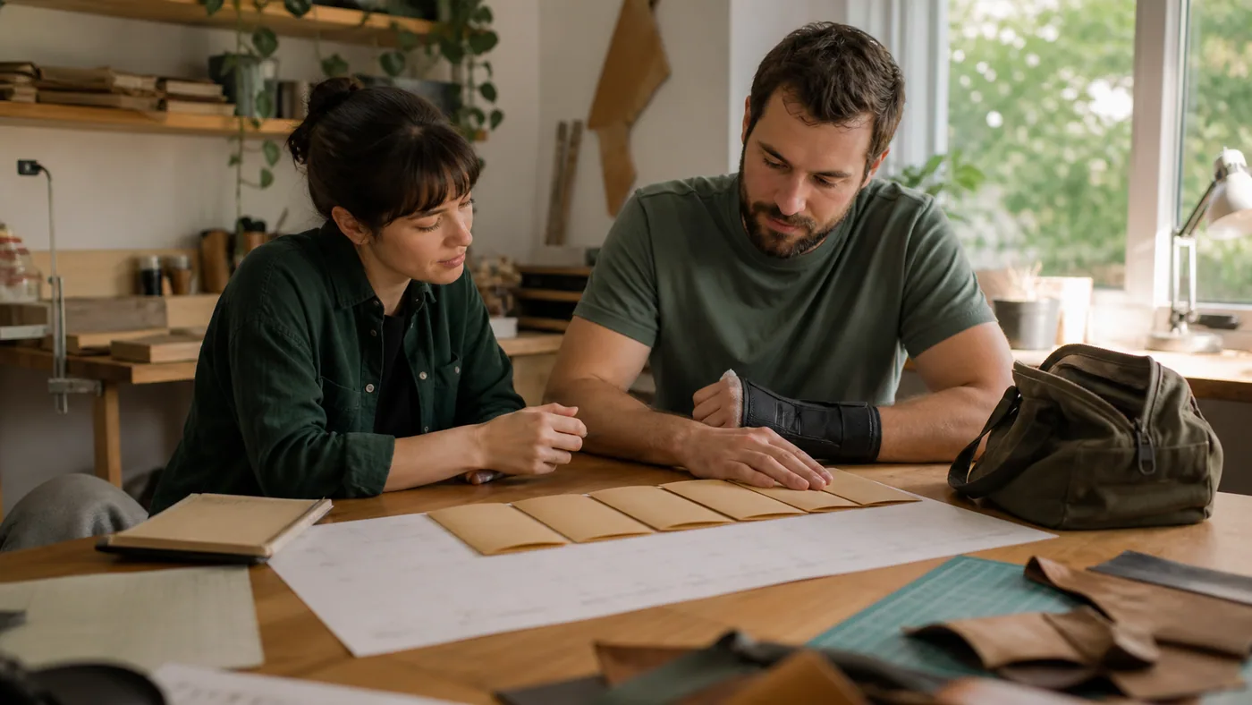 Self-employed craftsperson and partner mapping monthly expenses through a wrist-injury recovery